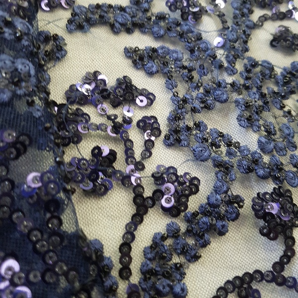 Tessuto Ricamo Perline Pailettes Blu scuro